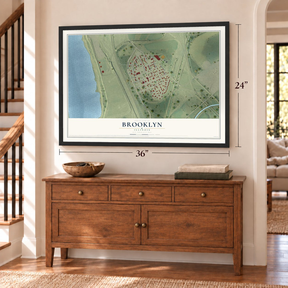 Brooklyn, Illinois map, 24 x 36 inch print in a black frame above a dresser by a staircase