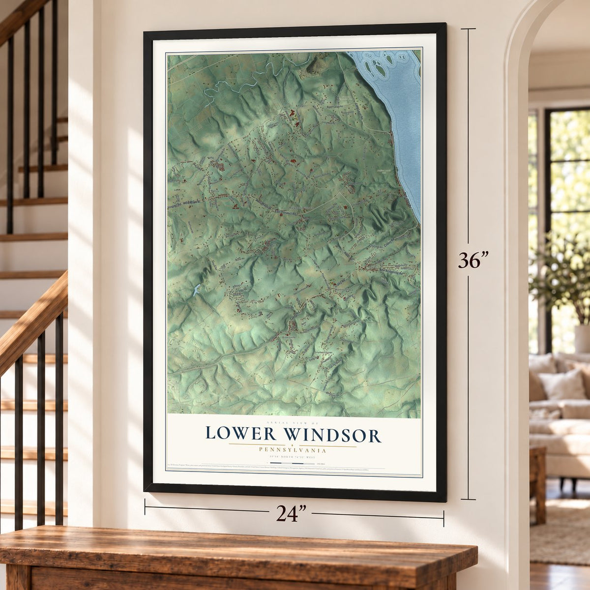 Lower Windsor, Pennsylvania map, 24 x 36 inch print in a black frame by a staircase