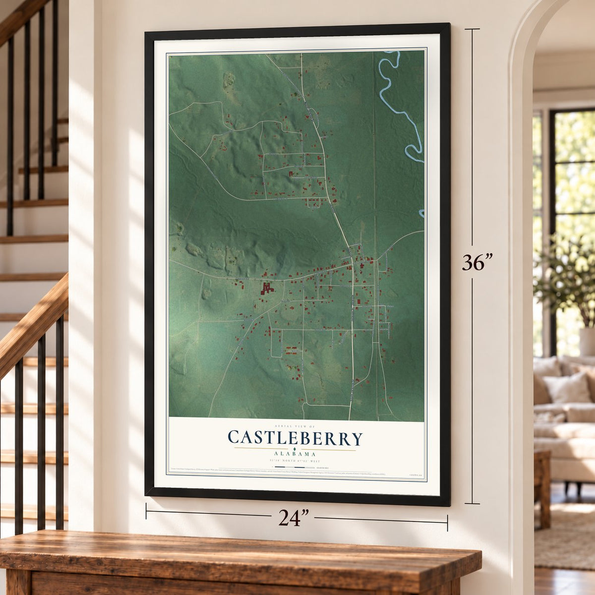 Castleberry, Alabama map, 24 x 36 inch print in a black frame by a staircase