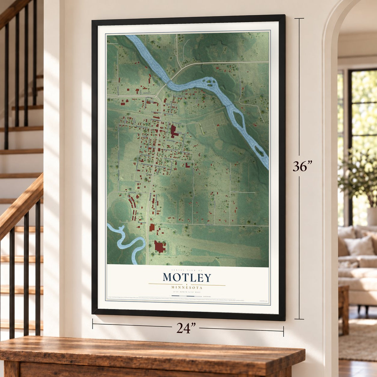 Motley, Minnesota map, 24 x 36 inch print in a black frame by a staircase