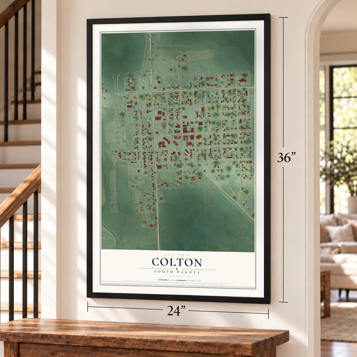Colton, South Dakota map, 24 x 36 inch print in a black frame by a staircase