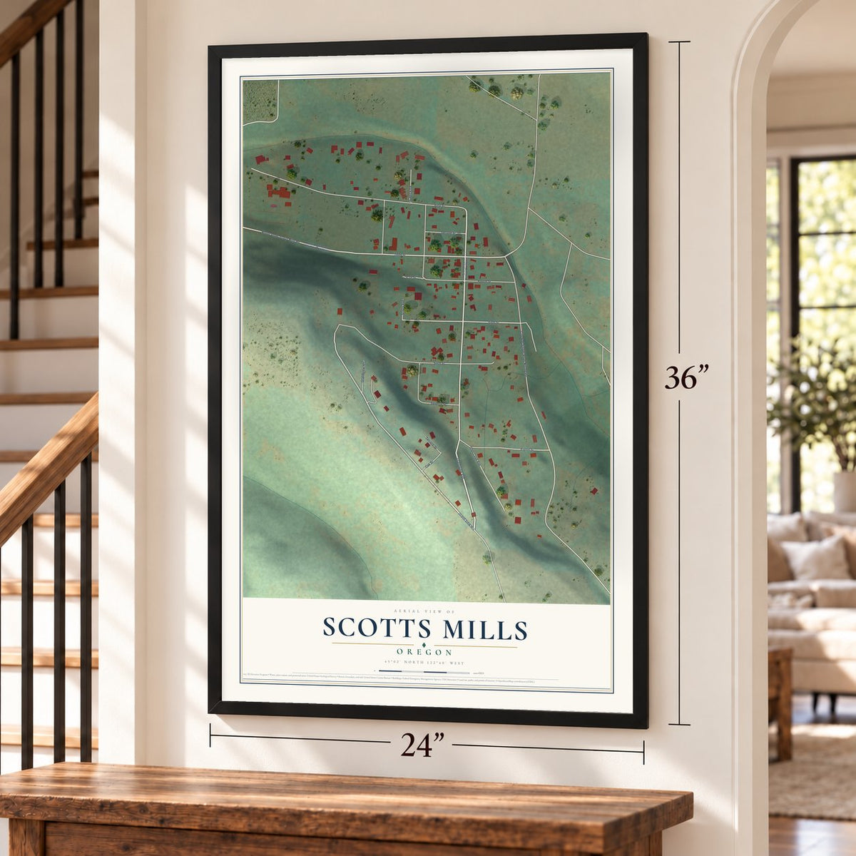 Scotts Mills, Oregon map, 24 x 36 inch print in a black frame by a staircase