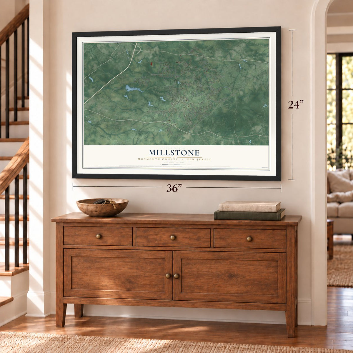 Millstone, Monmouth County, New Jersey map, 24 x 36 inch print in a black frame above a dresser by a staircase
