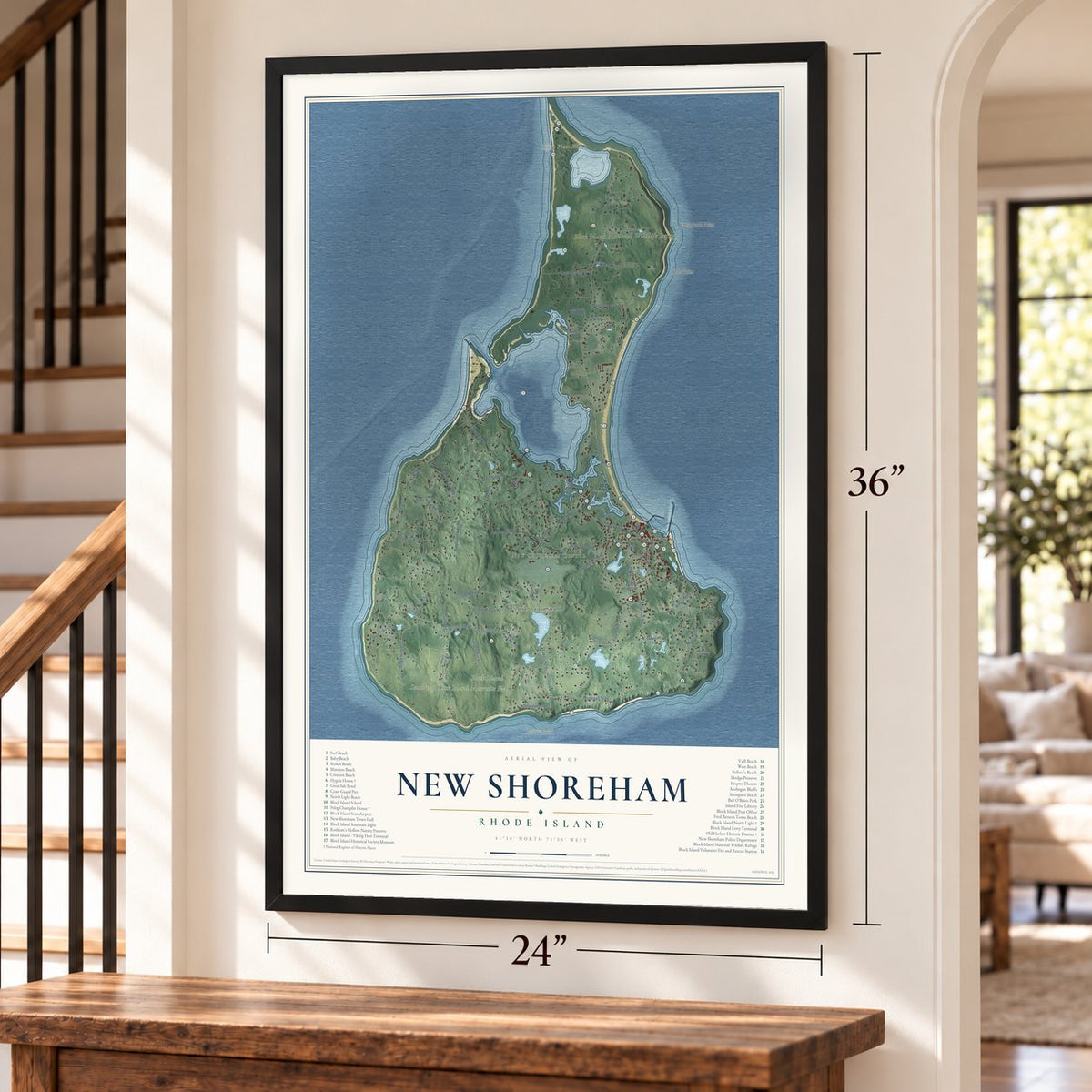 New Shoreham, Rhode Island map, 24 x 36 inch print in a black frame by a staircase