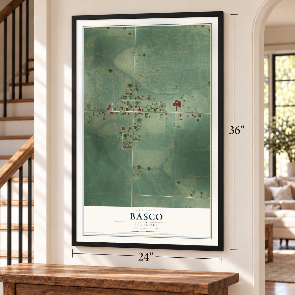 Basco, Illinois map, 24 x 36 inch print in a black frame by a staircase