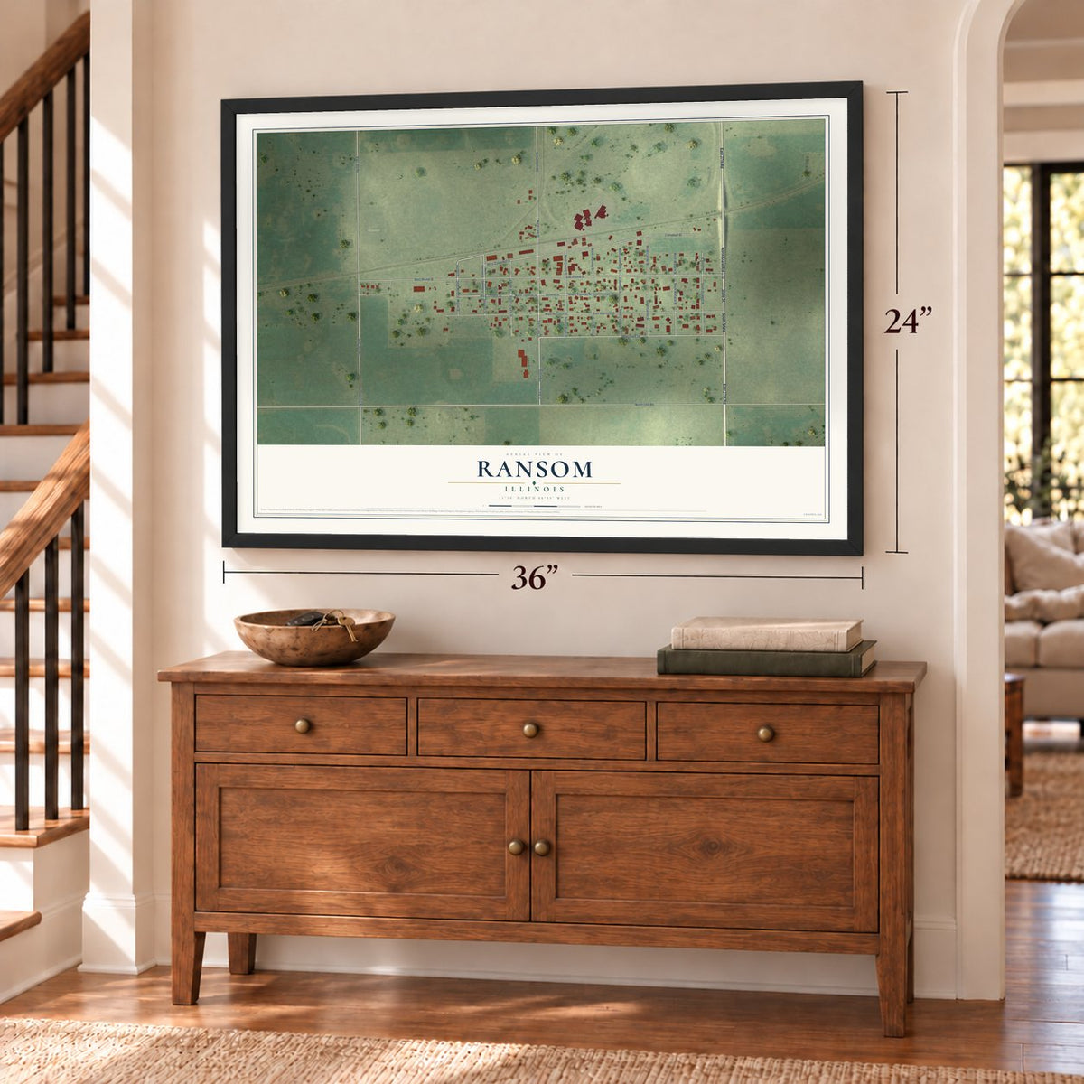 Ransom, Illinois map, 24 x 36 inch print in a black frame above a dresser by a staircase