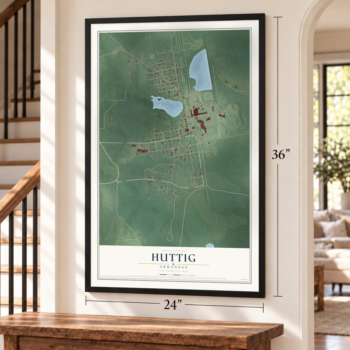 Huttig, Arkansas map, 24 x 36 inch print in a black frame by a staircase