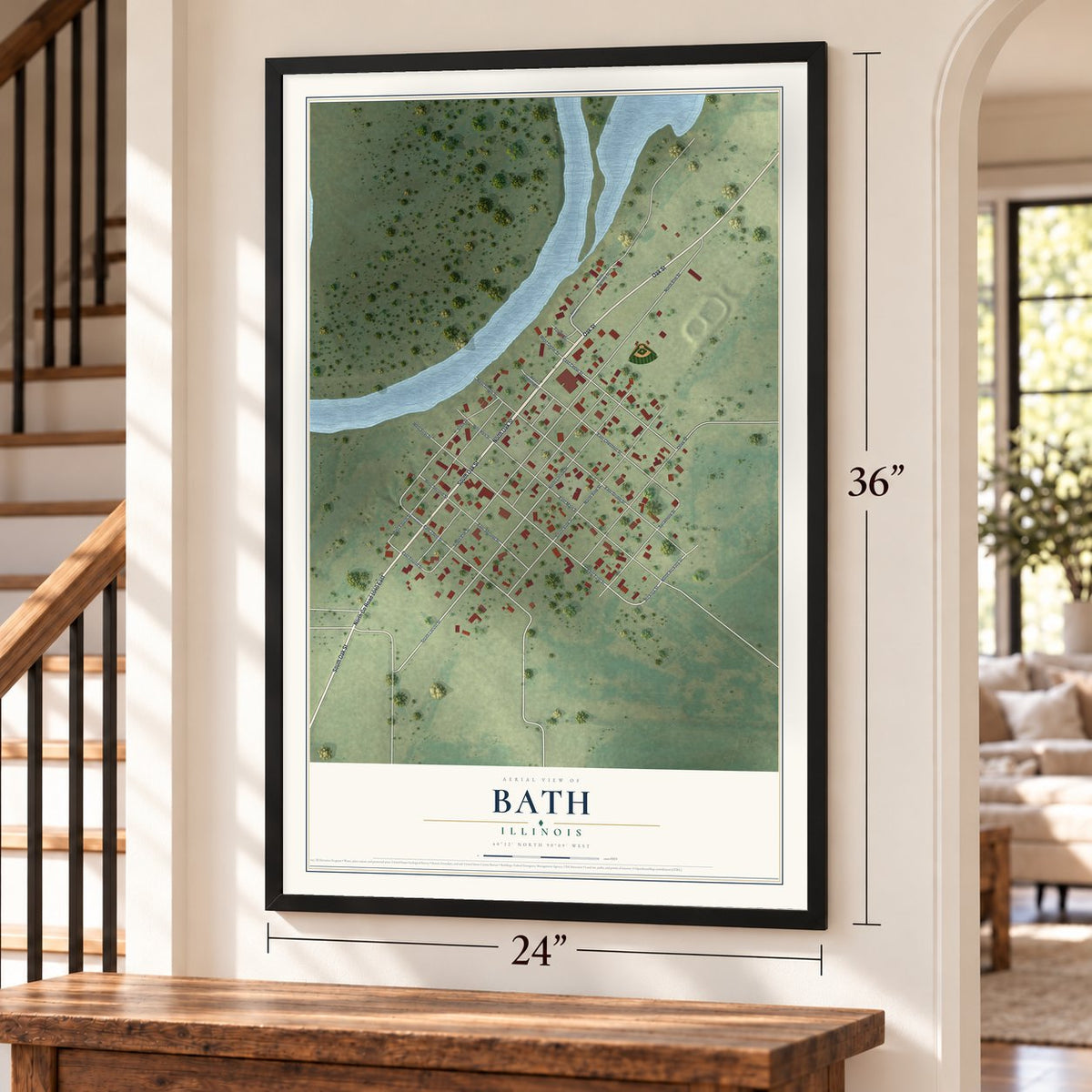Bath, Illinois map, 24 x 36 inch print in a black frame by a staircase