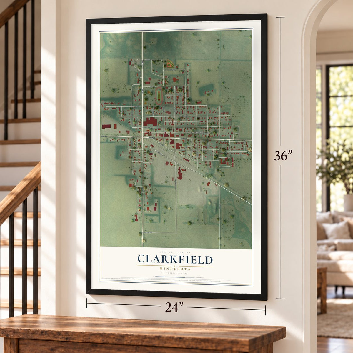 Clarkfield, Minnesota map, 24 x 36 inch print in a black frame by a staircase