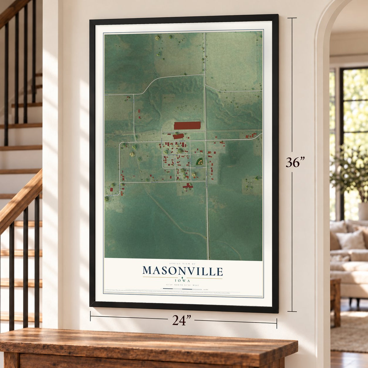 Masonville, Iowa map, 24 x 36 inch print in a black frame by a staircase