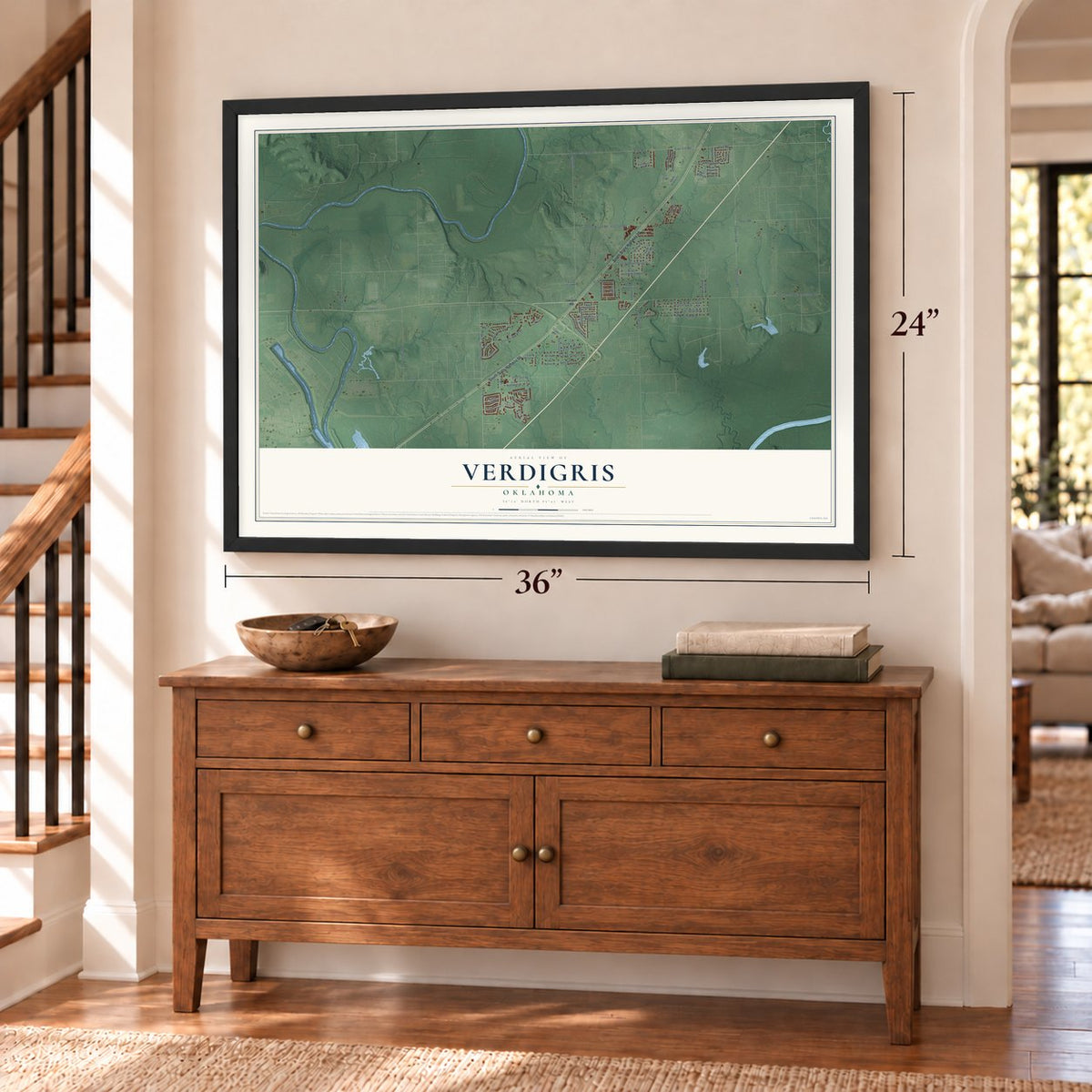 Verdigris, Oklahoma map, 24 x 36 inch print in a black frame above a dresser by a staircase
