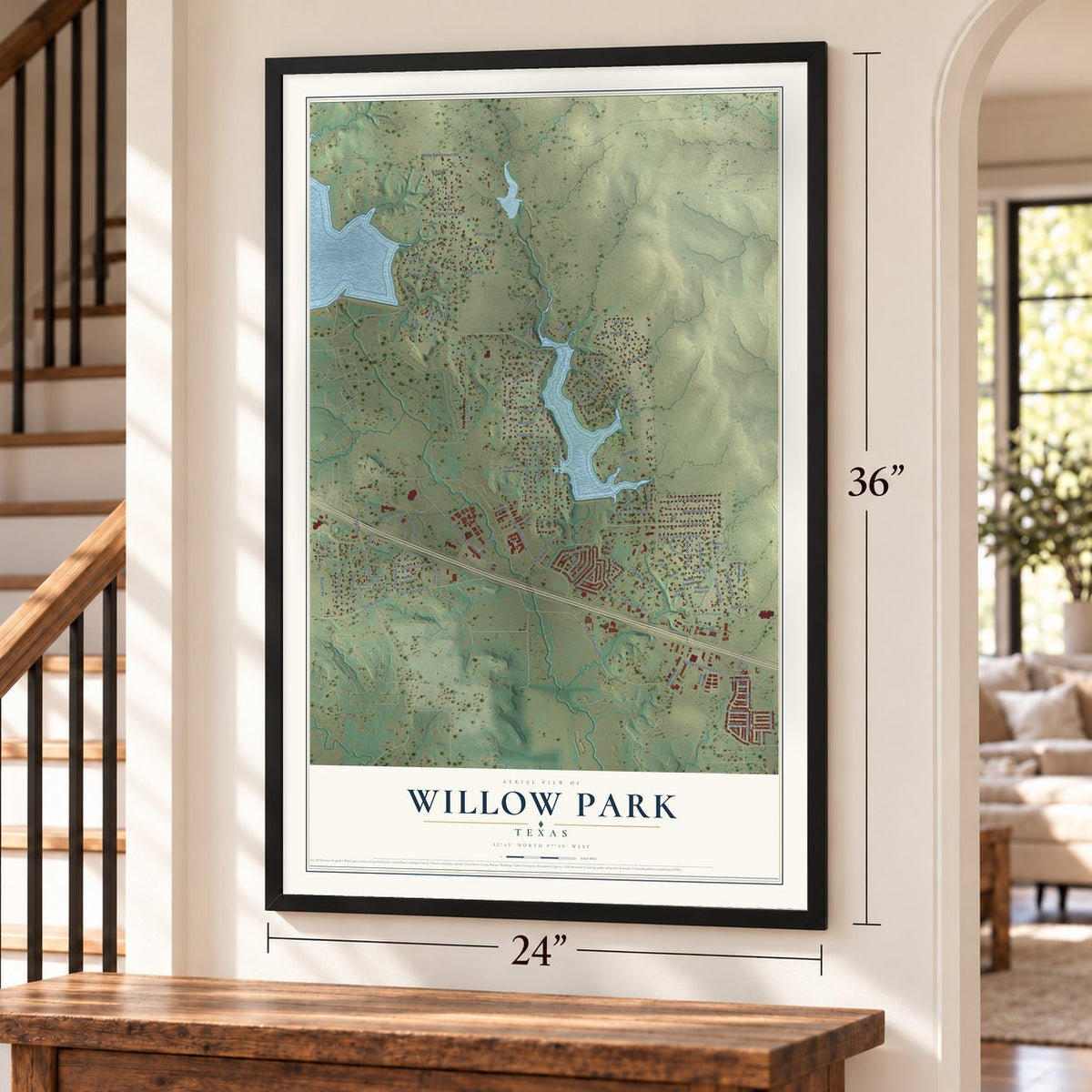 Willow Park, Texas map, 24 x 36 inch print in a black frame by a staircase