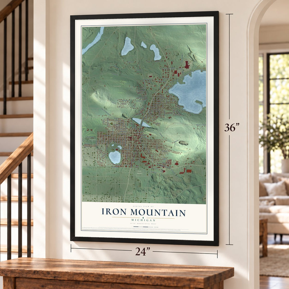 Iron Mountain, Michigan map, 24 x 36 inch print in a black frame by a staircase