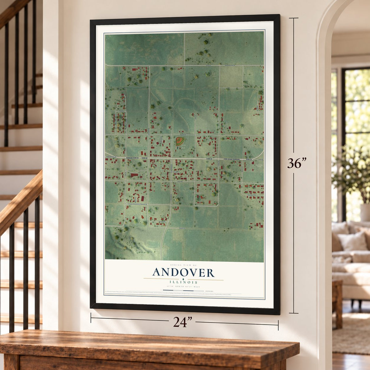 Andover, Illinois map, 24 x 36 inch print in a black frame by a staircase