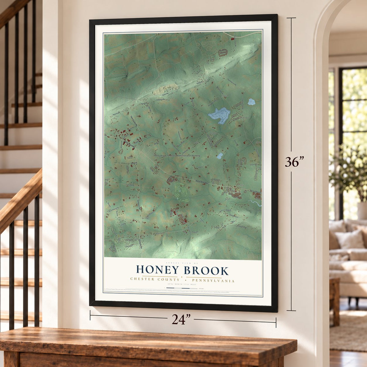 Honey Brook, Chester County, Pennsylvania map, 24 x 36 inch print in a black frame by a staircase