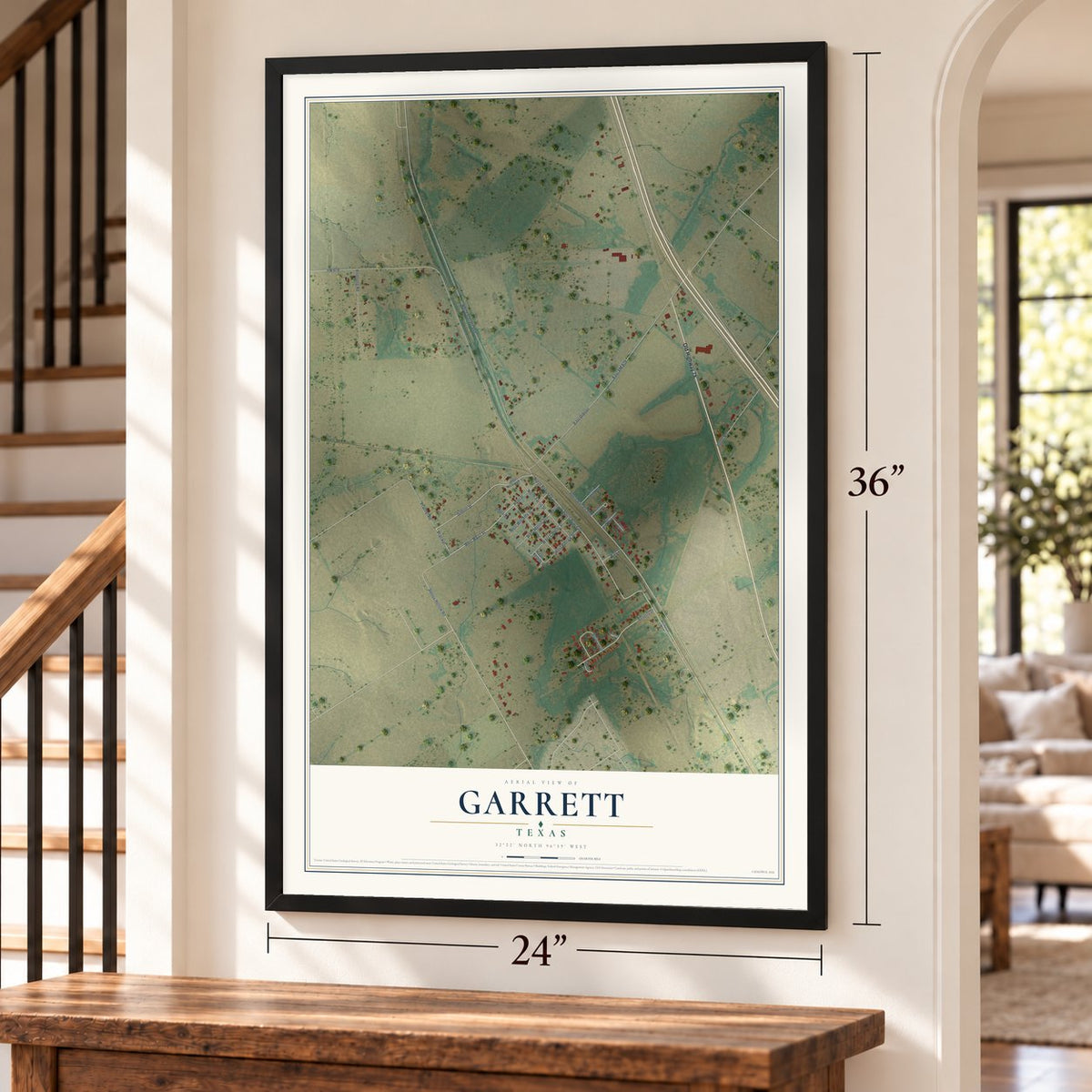 Garrett, Texas map, 24 x 36 inch print in a black frame by a staircase