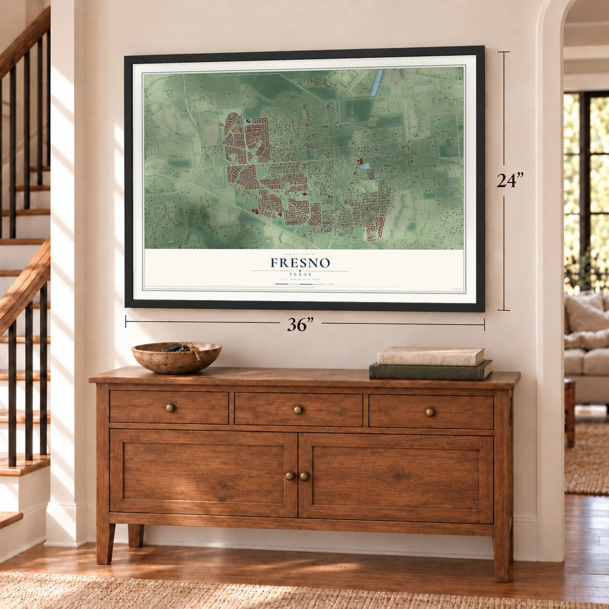 Fresno, Texas map, 24 x 36 inch print in a black frame above a dresser by a staircase