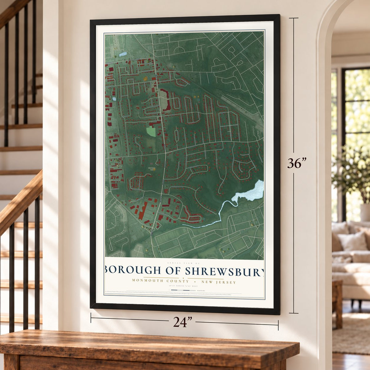 Borough of Shrewsbury, Monmouth County, New Jersey map, 24 x 36 inch print in a black frame by a staircase