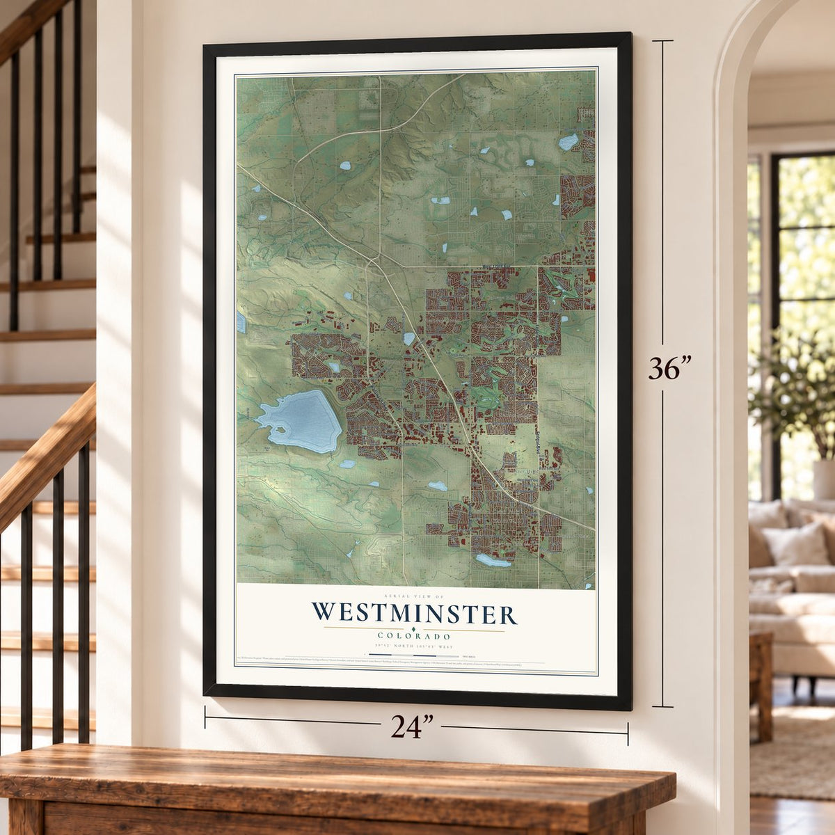 Westminster, Colorado map, 24 x 36 inch print in a black frame by a staircase