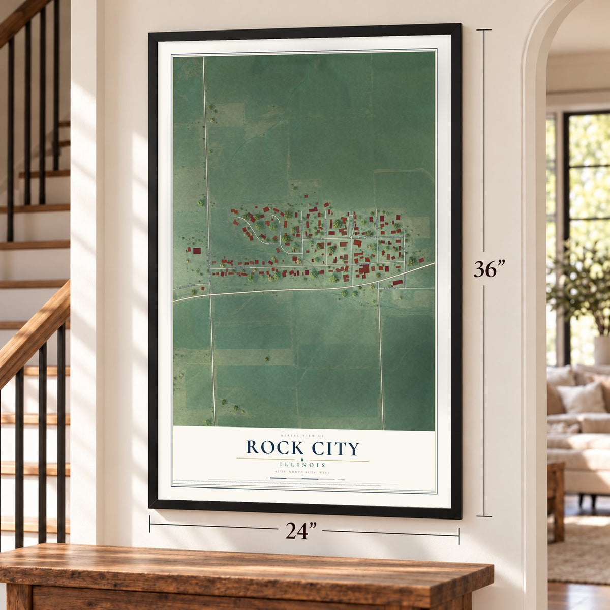 Rock City, Illinois map, 24 x 36 inch print in a black frame by a staircase