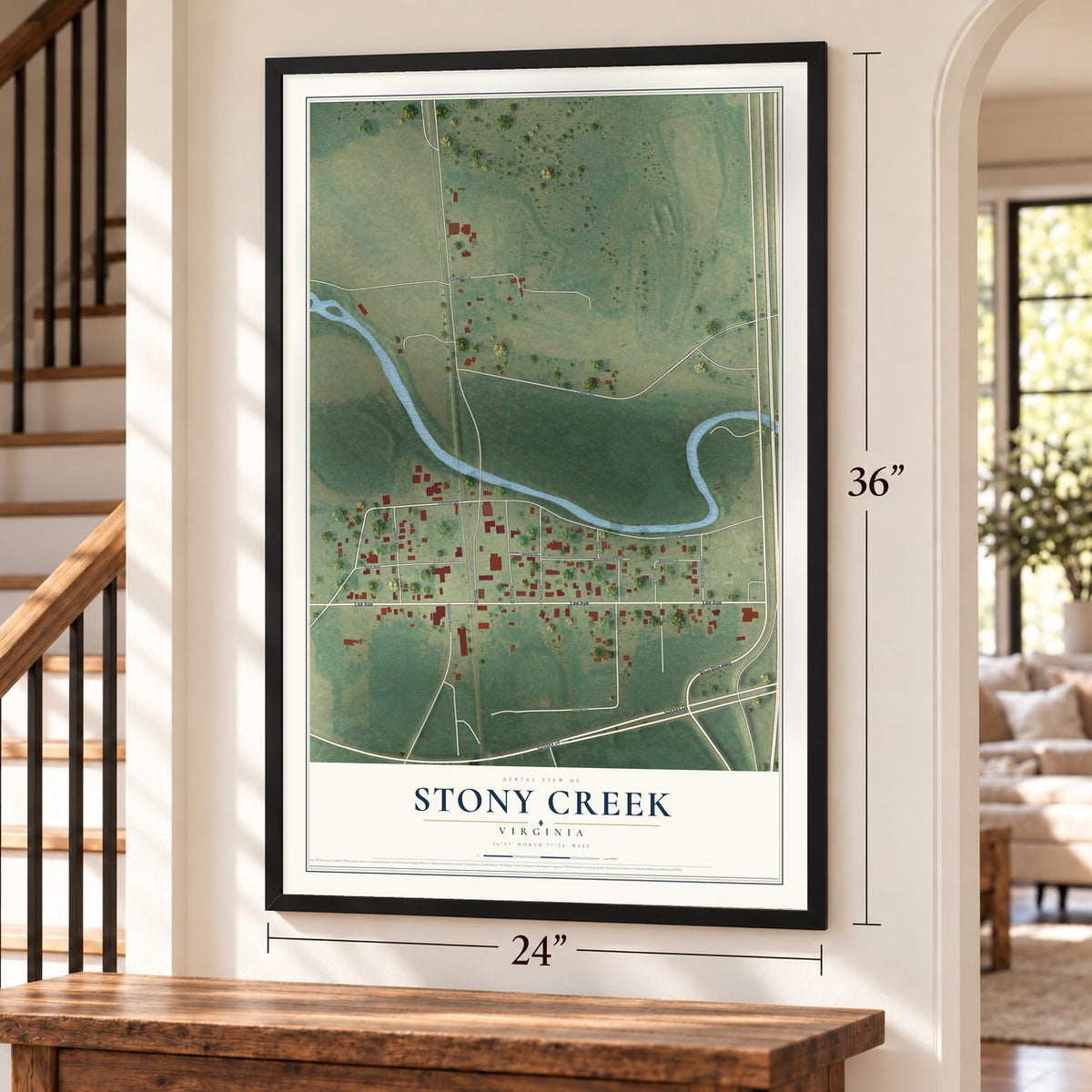 Stony Creek, Virginia map, 24 x 36 inch print in a black frame by a staircase