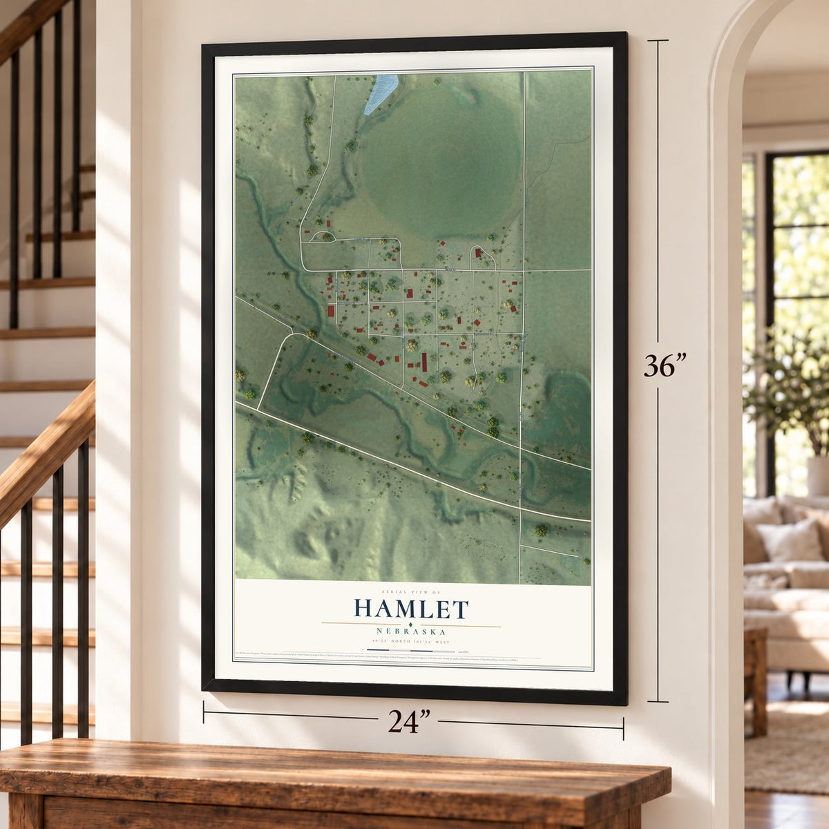 Hamlet, Nebraska map, 24 x 36 inch print in a black frame by a staircase