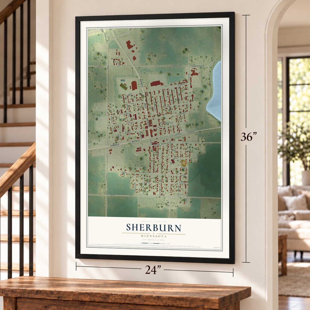 Sherburn, Minnesota map, 24 x 36 inch print in a black frame by a staircase