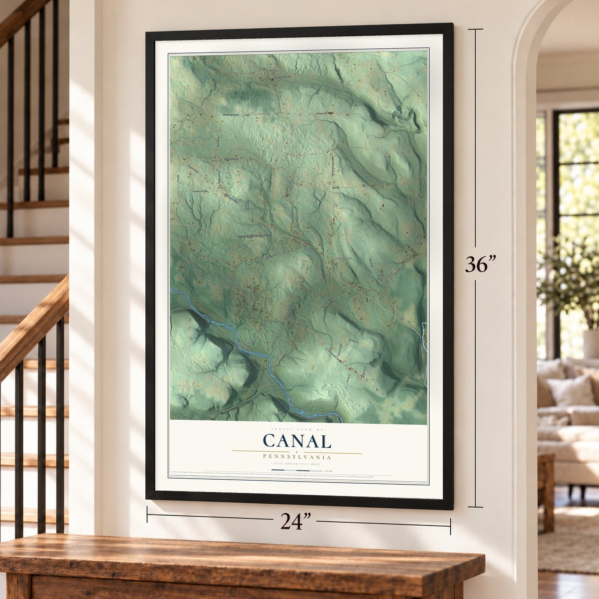 Canal, Pennsylvania map, 24 x 36 inch print in a black frame by a staircase