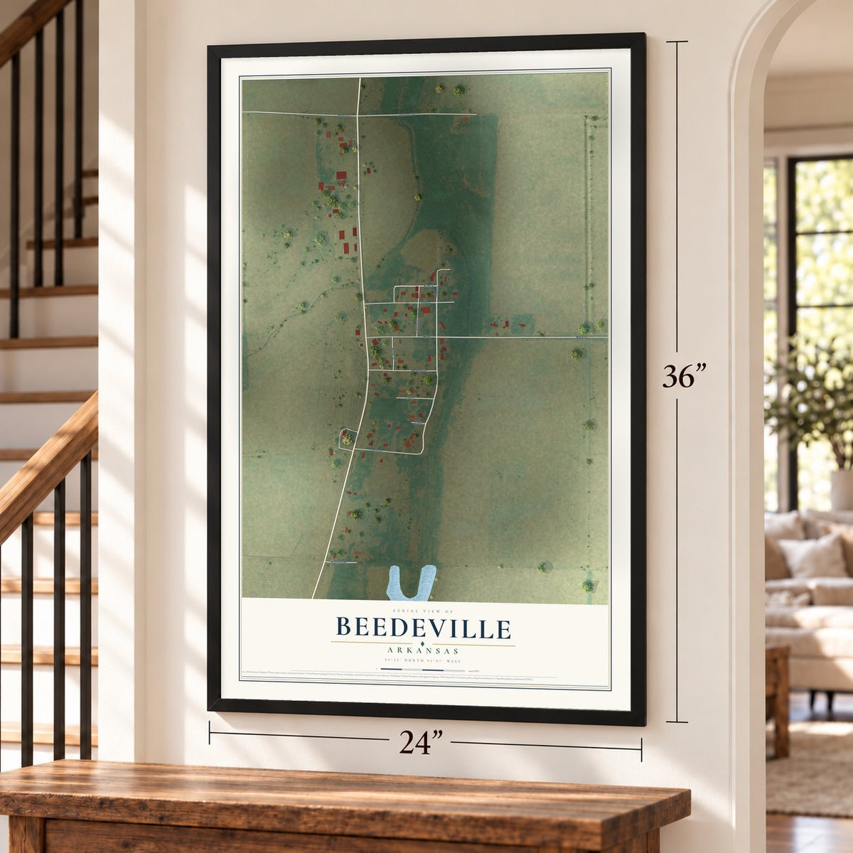 Beedeville, Arkansas map, 24 x 36 inch print in a black frame by a staircase