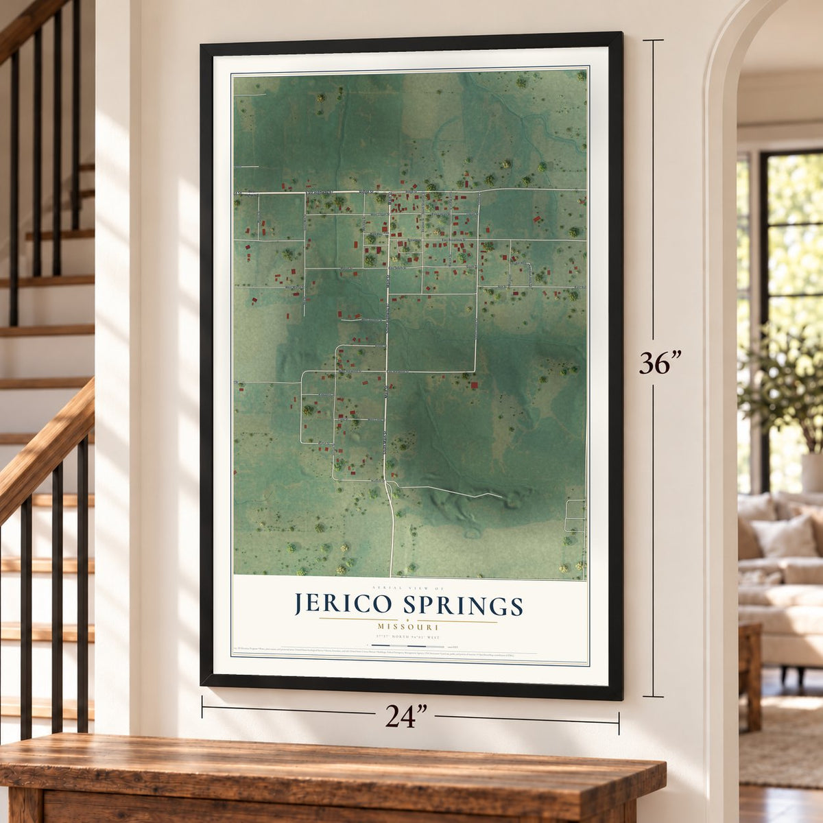 Jerico Springs, Missouri map, 24 x 36 inch print in a black frame by a staircase
