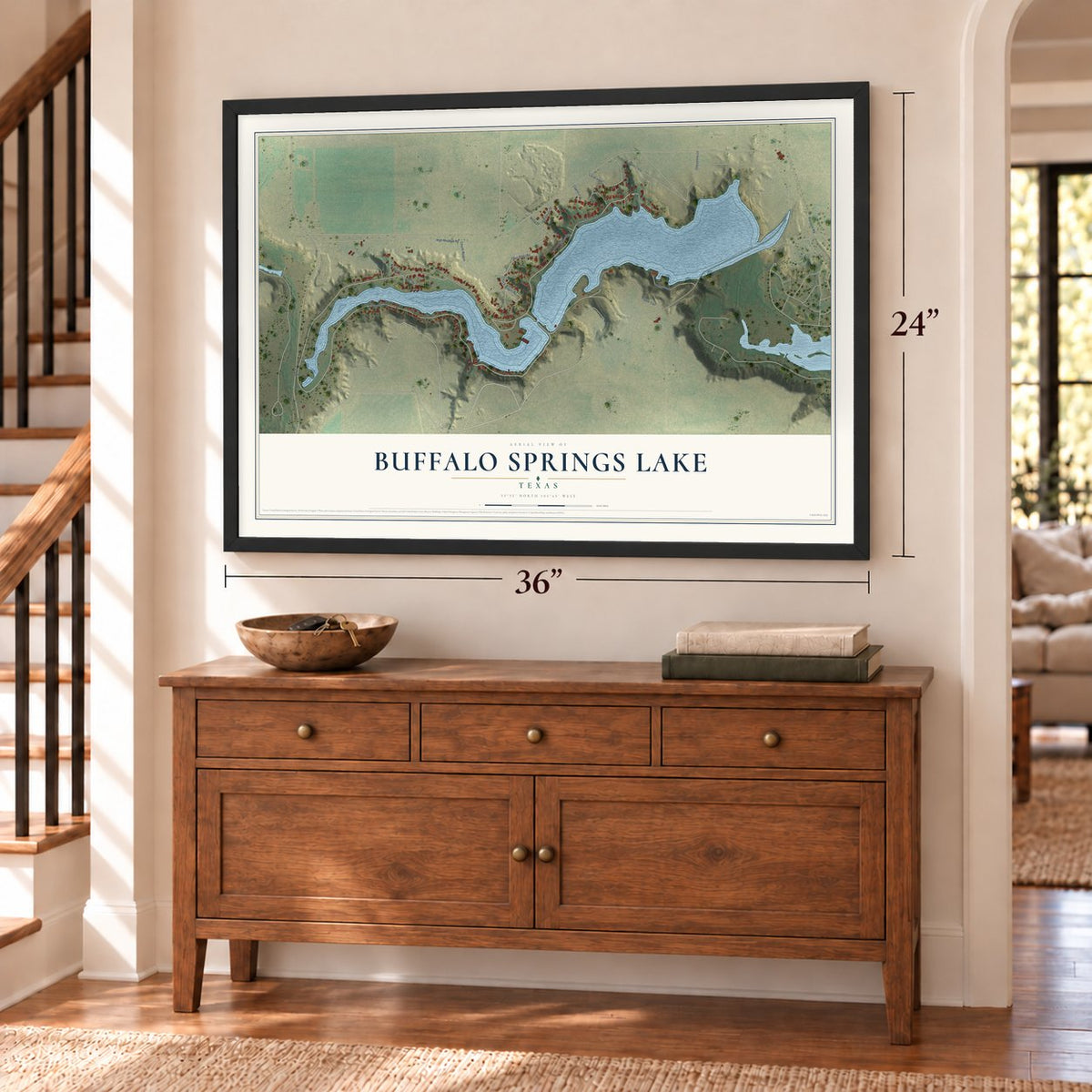 Buffalo Springs Lake, Texas map, 24 x 36 inch print in a black frame above a dresser by a staircase