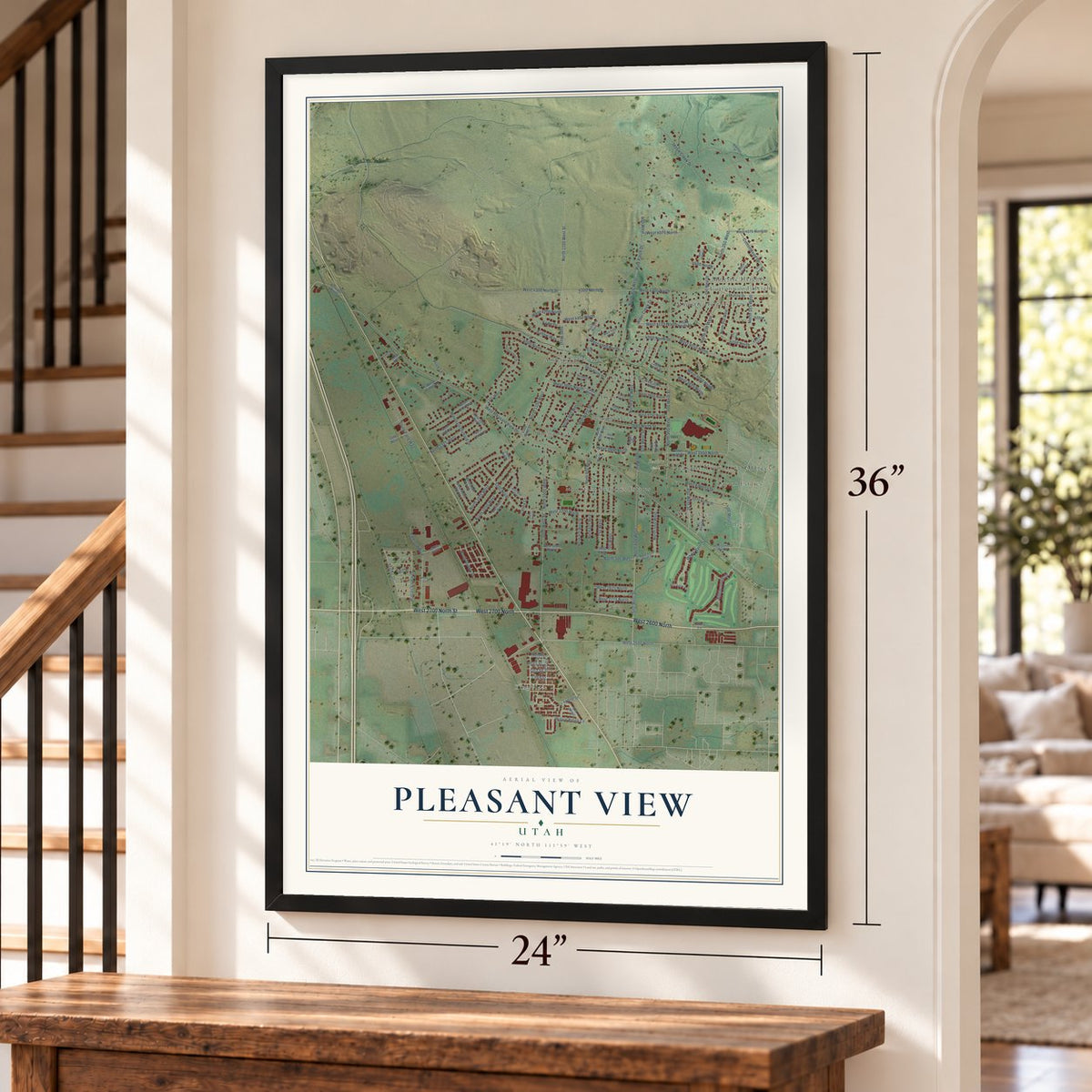 Pleasant View, Utah map, 24 x 36 inch print in a black frame by a staircase