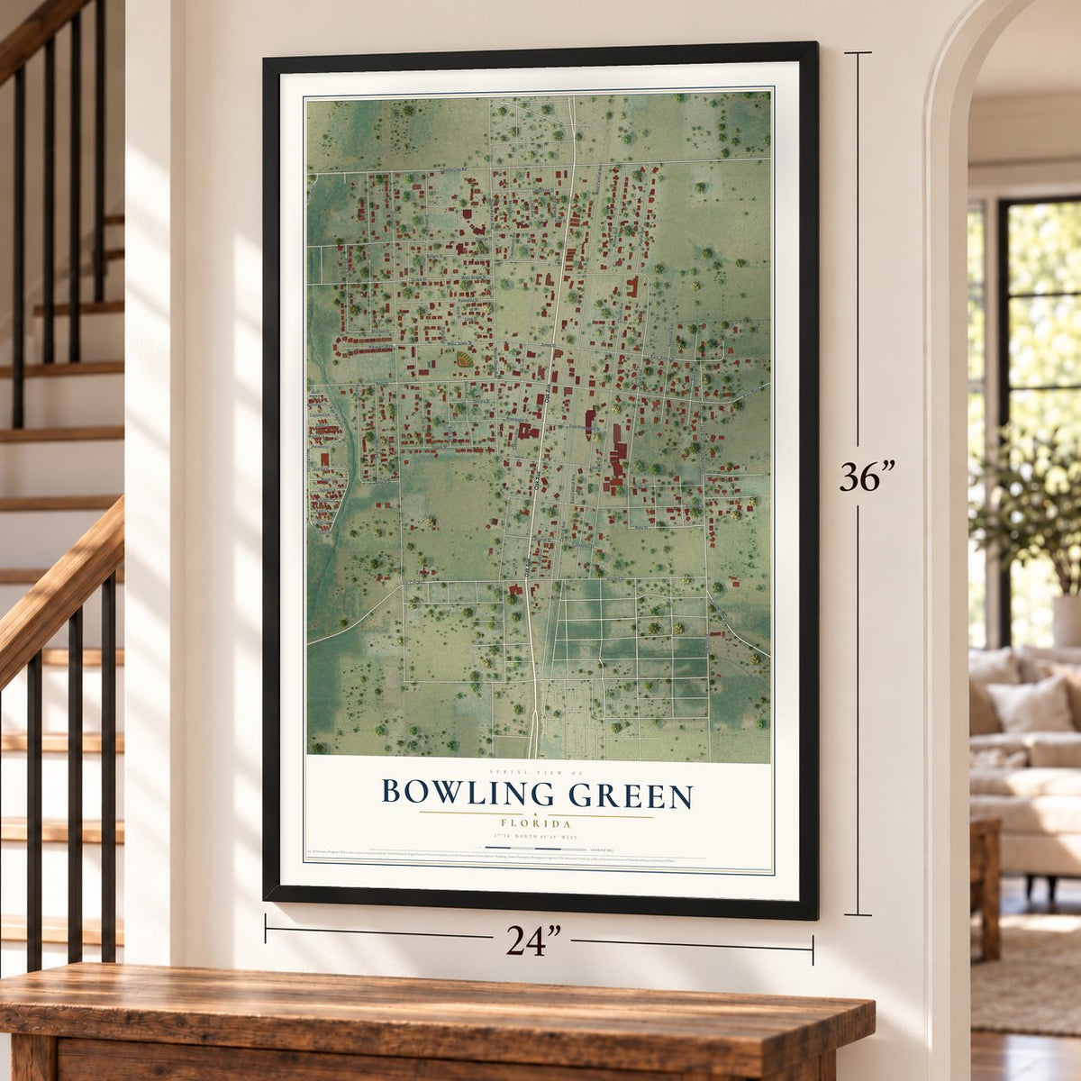 Bowling Green, Florida map, 24 x 36 inch print in a black frame by a staircase