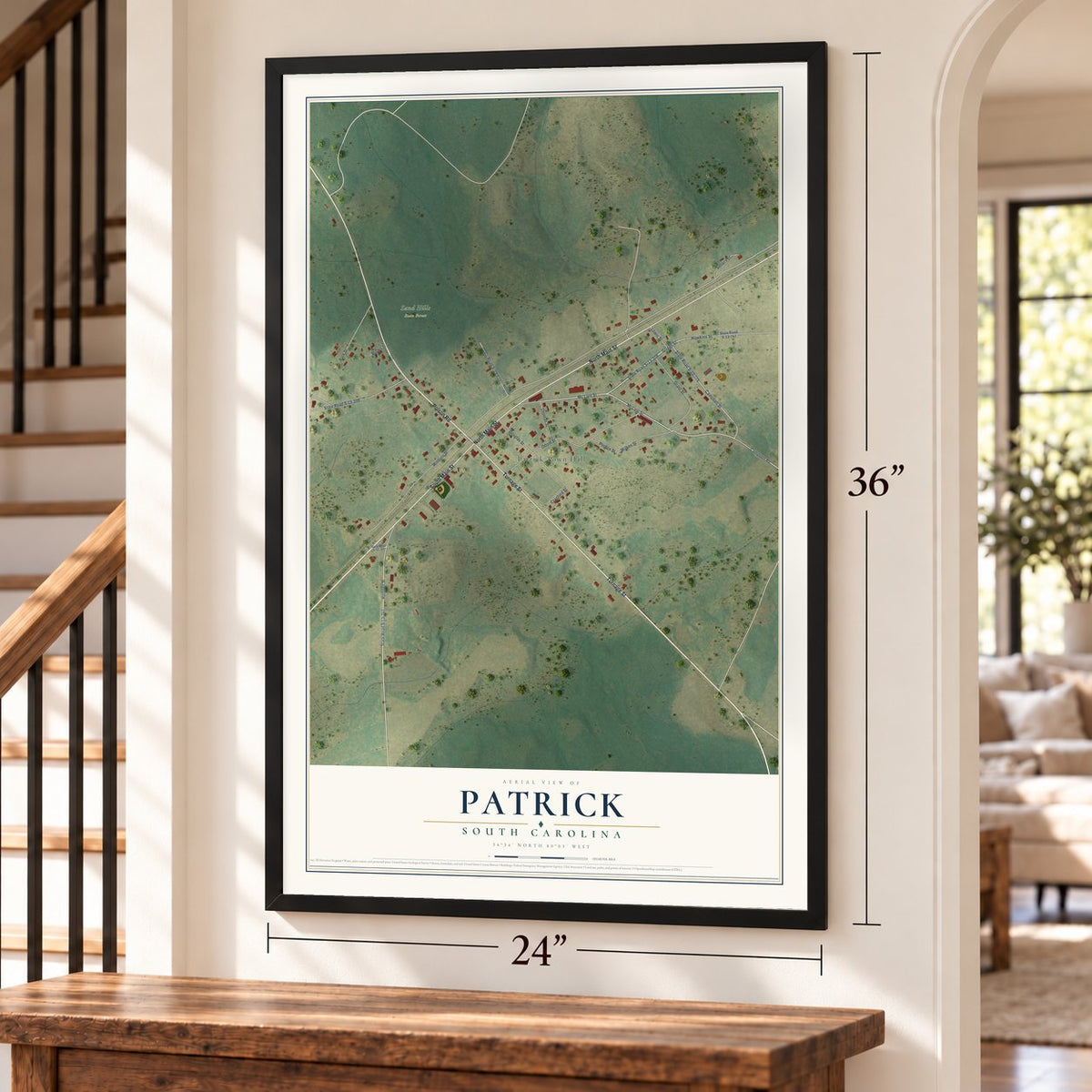 Patrick, South Carolina map, 24 x 36 inch print in a black frame by a staircase