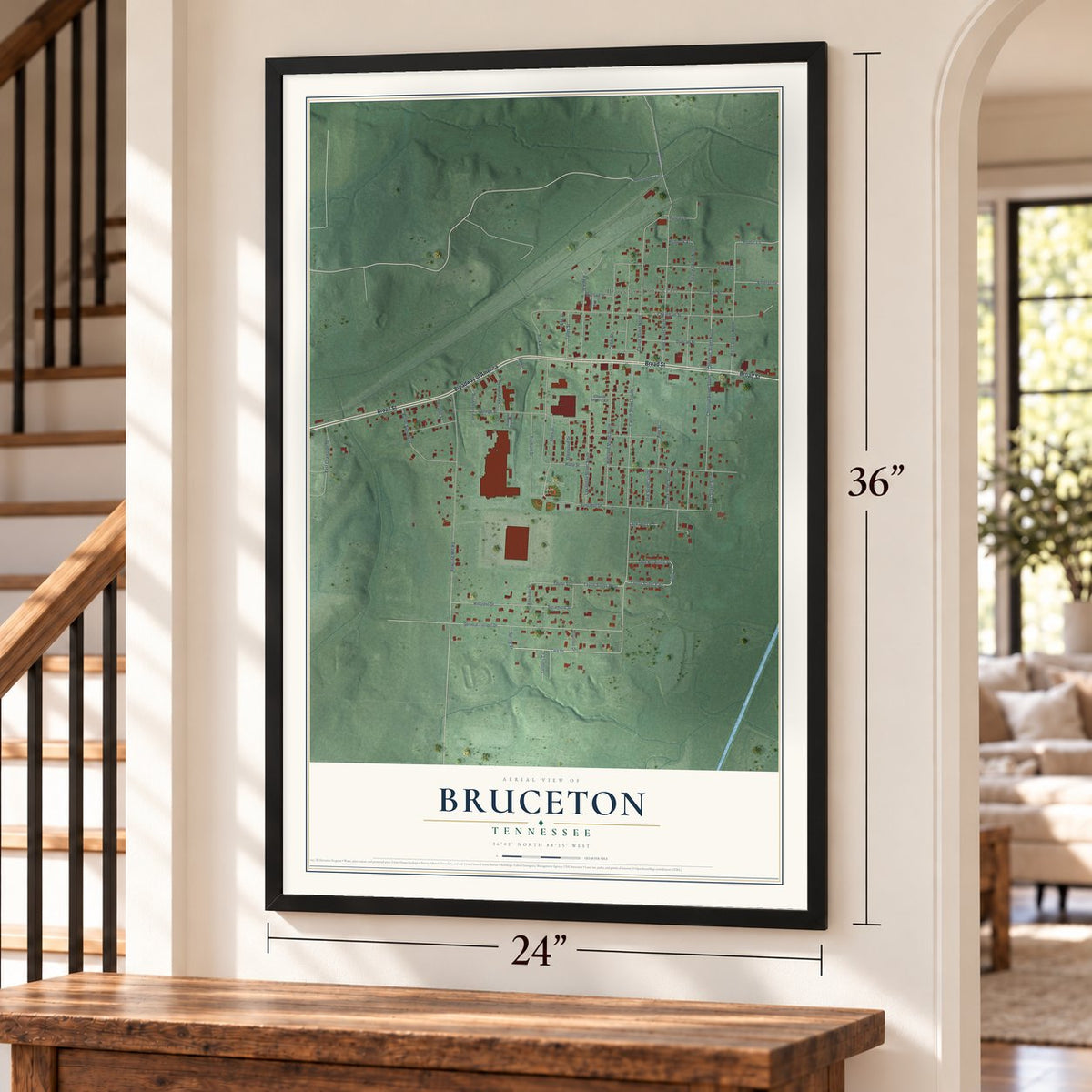 Bruceton, Tennessee map, 24 x 36 inch print in a black frame by a staircase
