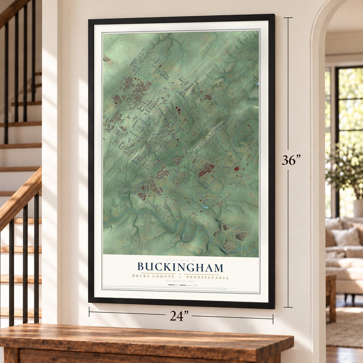 Buckingham, Bucks County, Pennsylvania map, 24 x 36 inch print in a black frame by a staircase