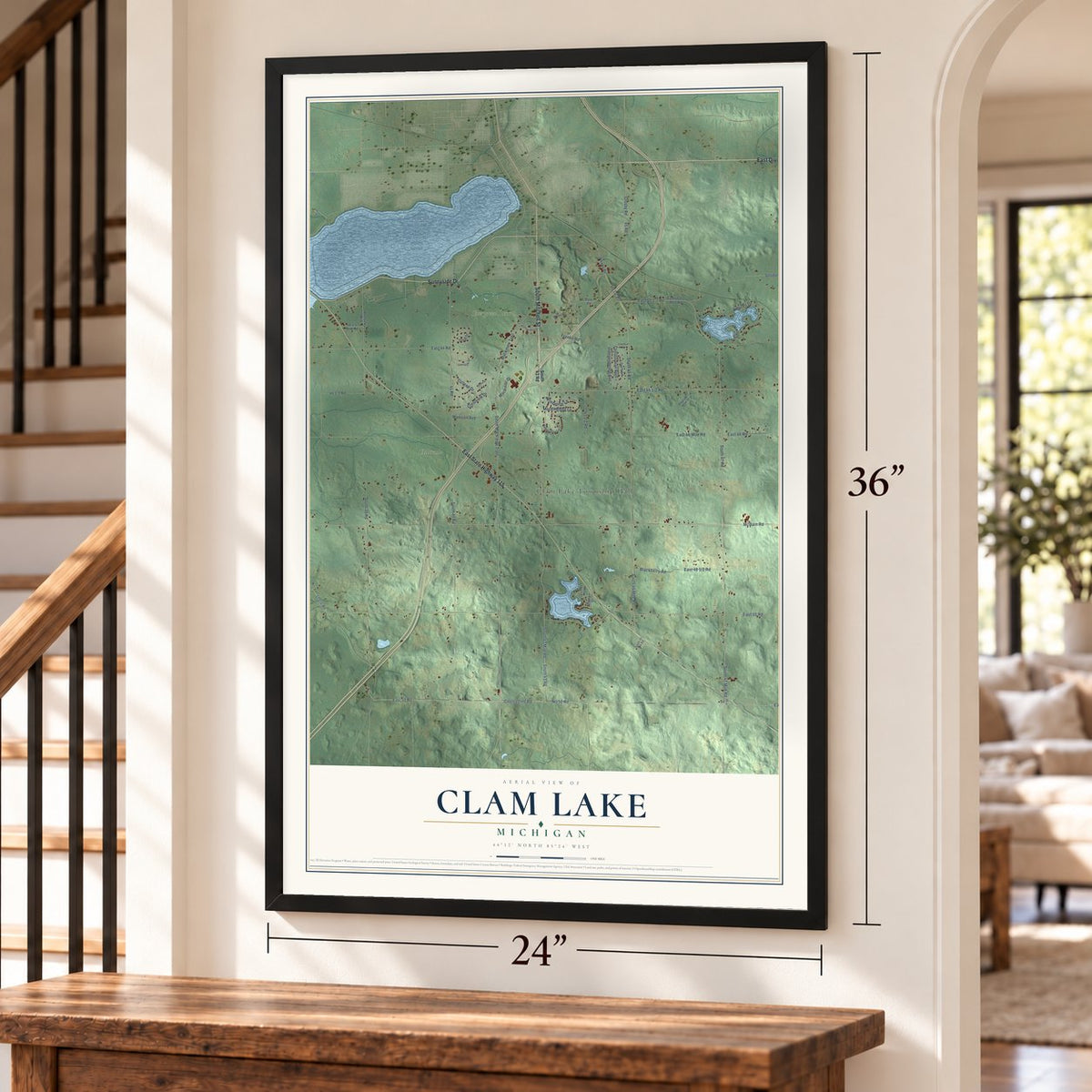 Clam Lake, Michigan map, 24 x 36 inch print in a black frame by a staircase
