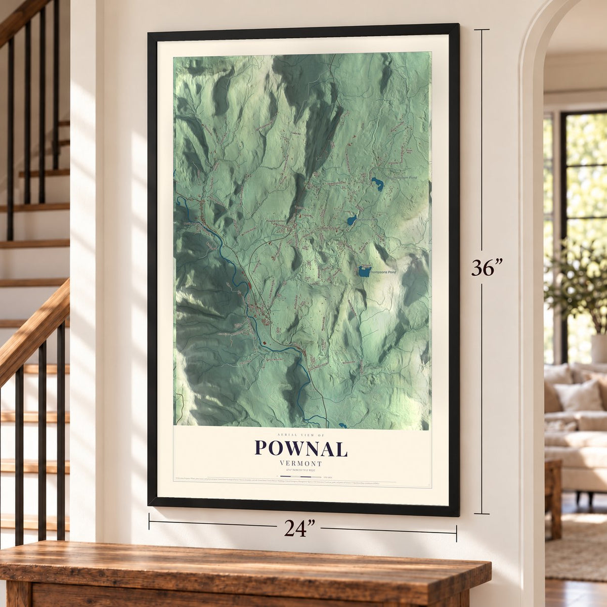 Pownal, Vermont map, 24 x 36 inch print in a black frame by a staircase