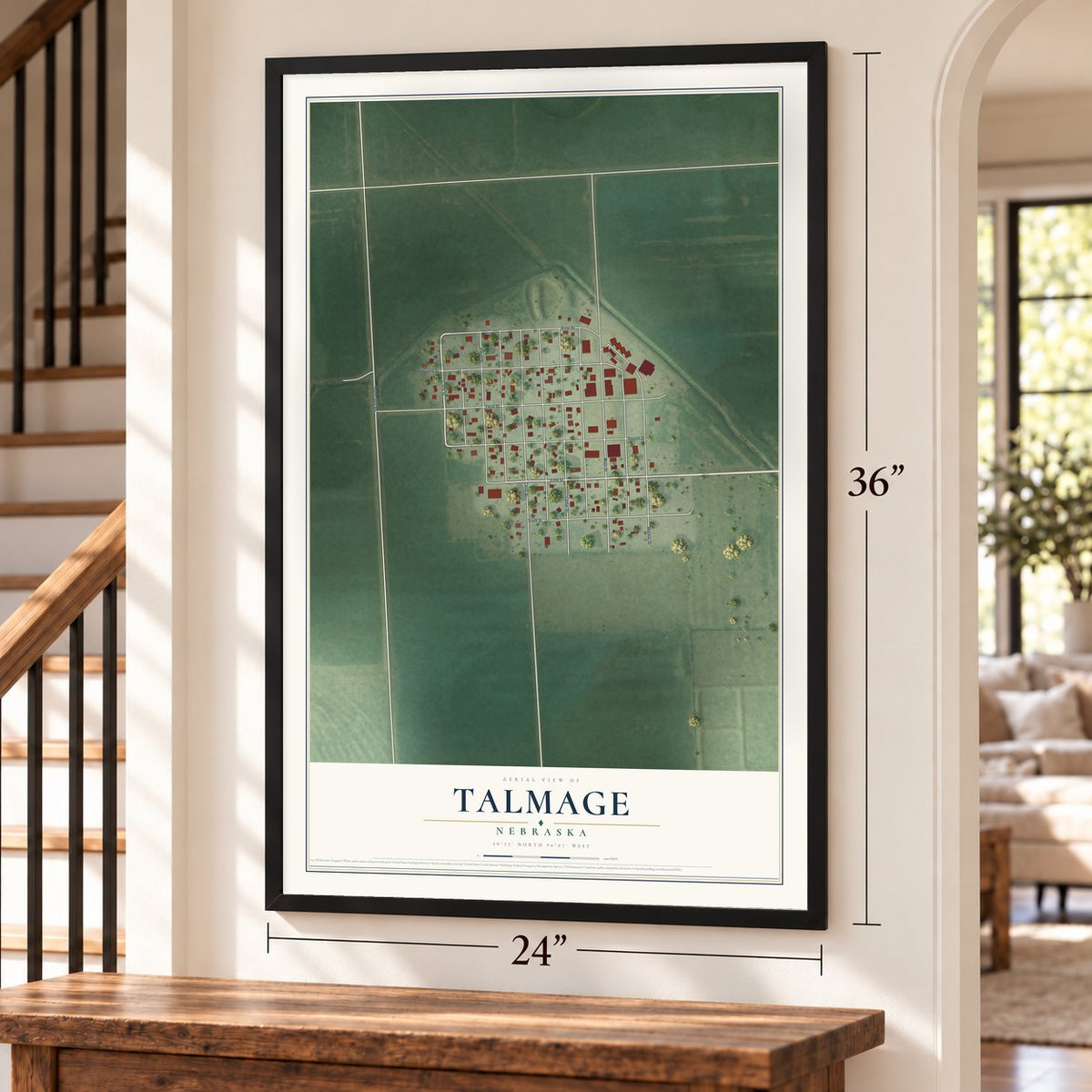 Talmage, Nebraska map, 24 x 36 inch print in a black frame by a staircase