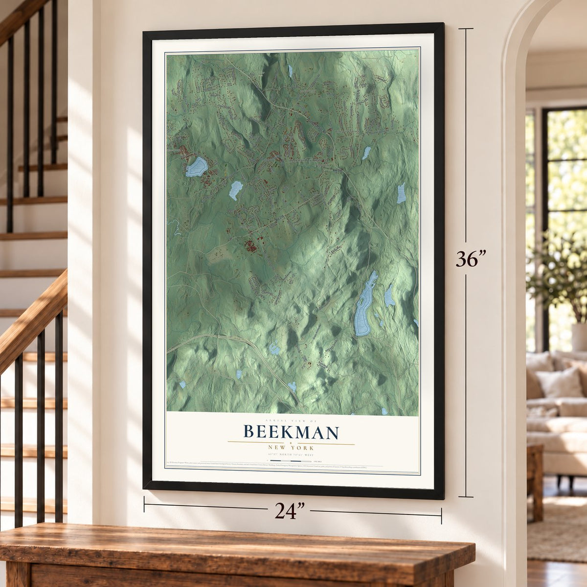 Beekman, New York map, 24 x 36 inch print in a black frame by a staircase