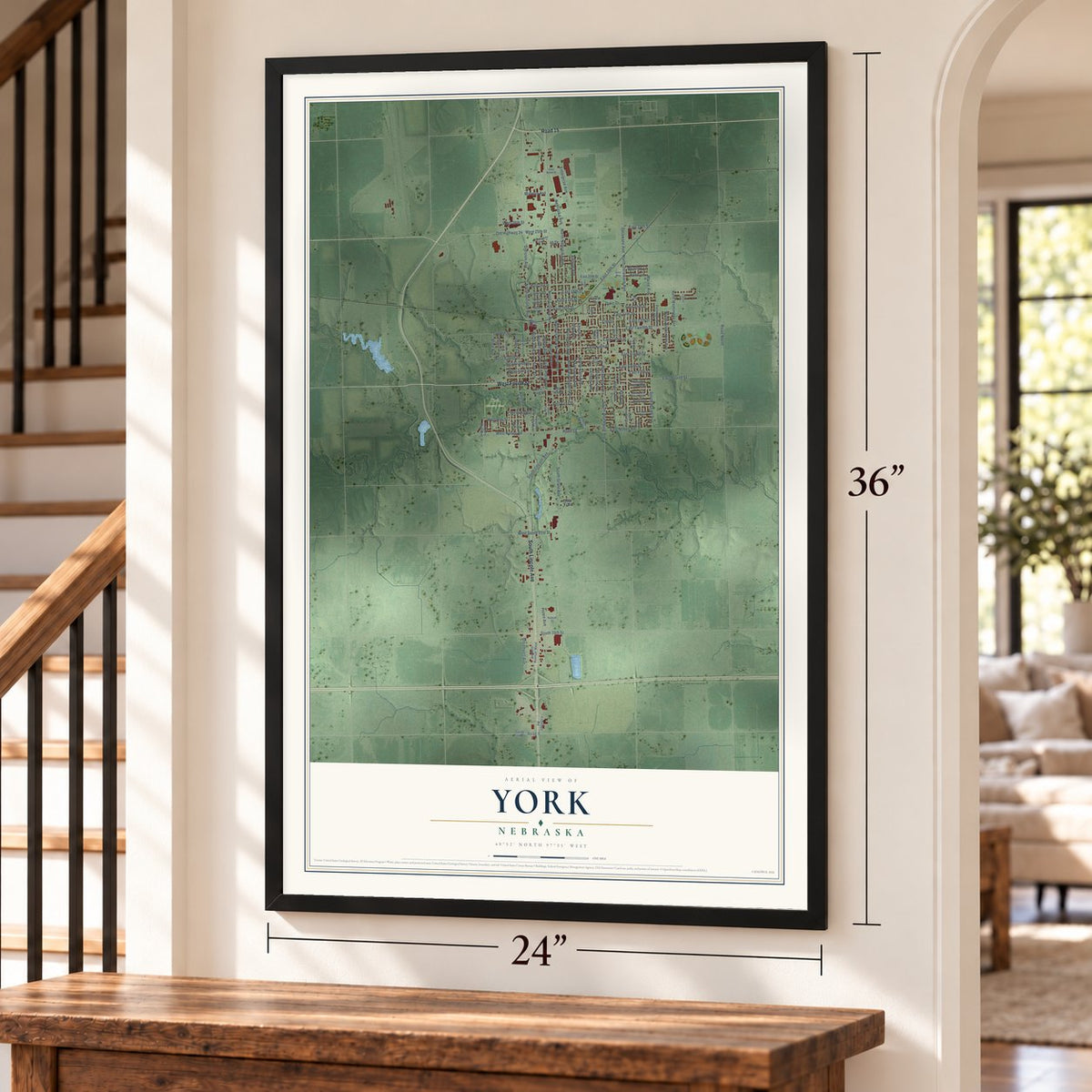 York, Nebraska map, 24 x 36 inch print in a black frame by a staircase