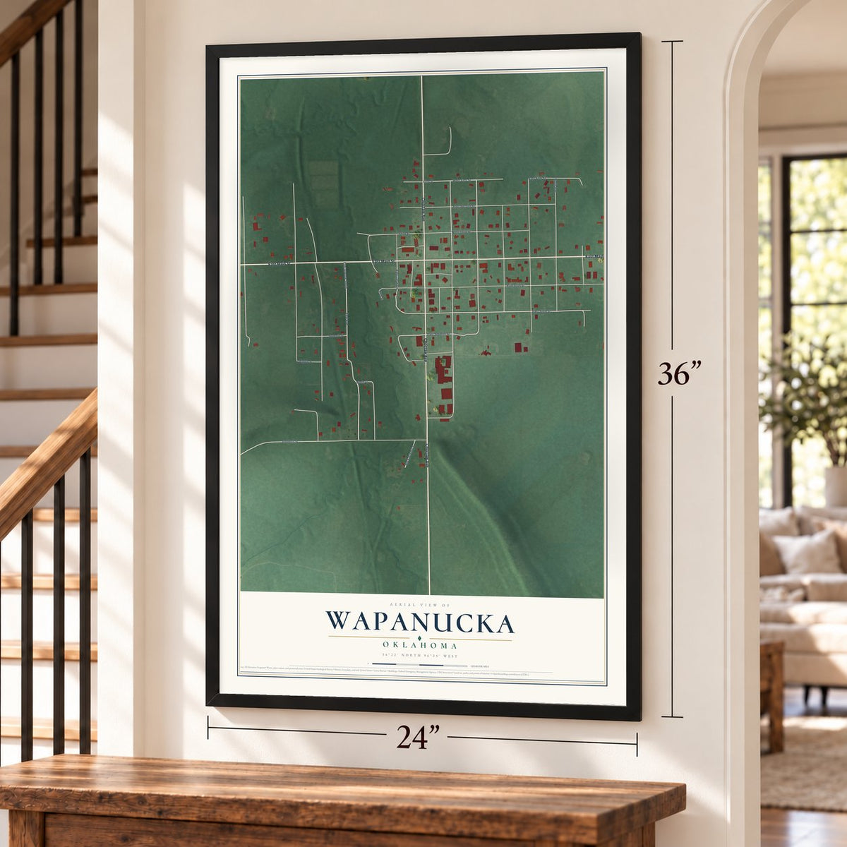 Wapanucka, Oklahoma map, 24 x 36 inch print in a black frame by a staircase
