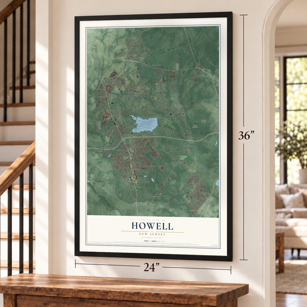 Howell, New Jersey map, 24 x 36 inch print in a black frame by a staircase
