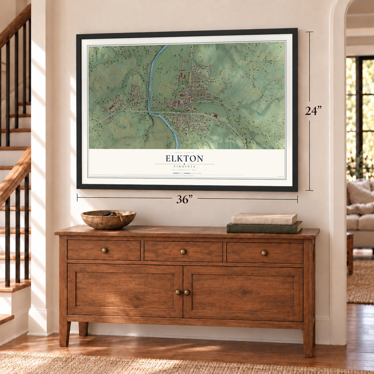 Elkton, Virginia map, 24 x 36 inch print in a black frame above a dresser by a staircase
