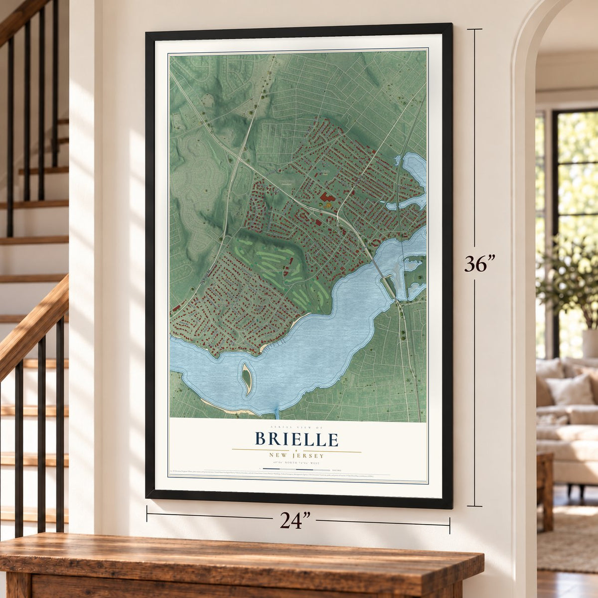 Brielle, New Jersey map, 24 x 36 inch print in a black frame by a staircase