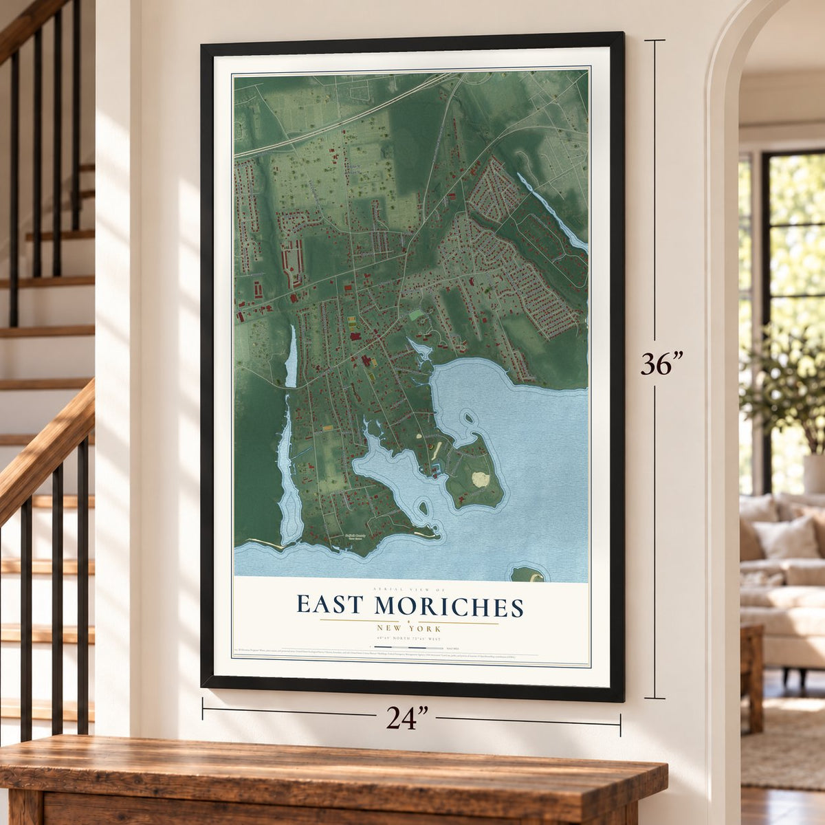 East Moriches, New York map, 24 x 36 inch print in a black frame by a staircase