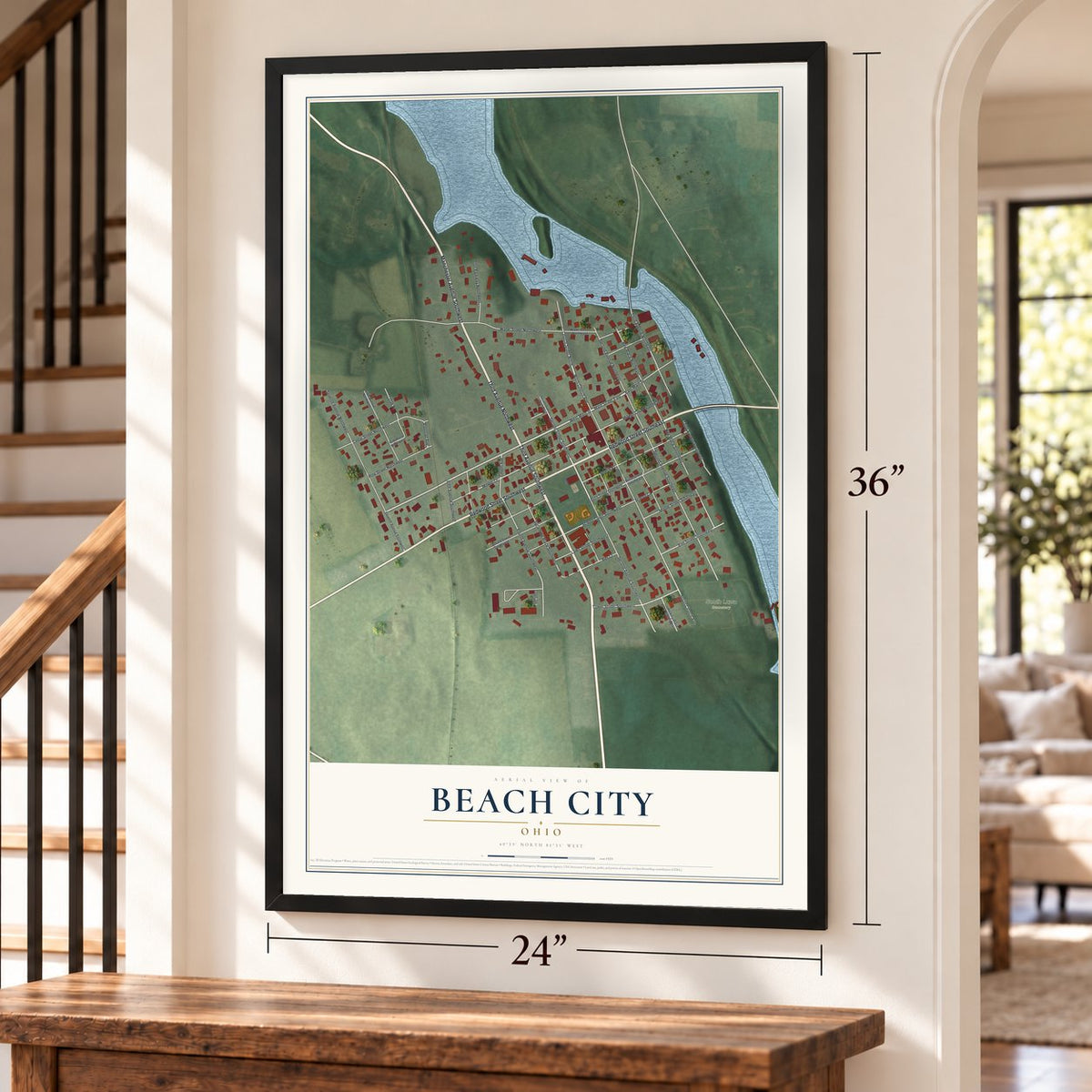 Beach City, Ohio map, 24 x 36 inch print in a black frame by a staircase
