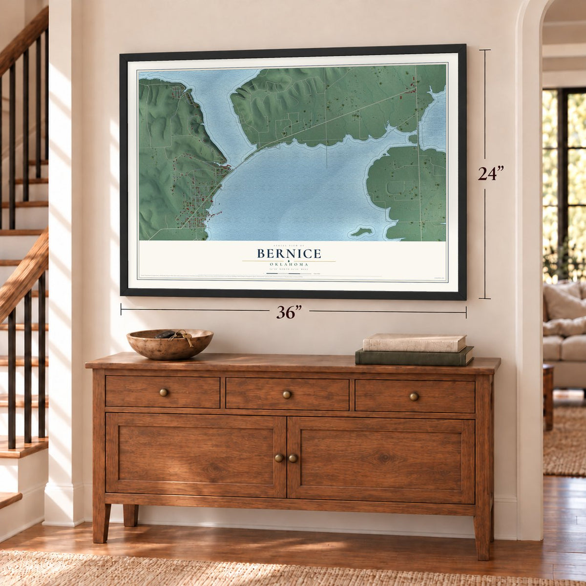 Bernice, Oklahoma map, 24 x 36 inch print in a black frame above a dresser by a staircase
