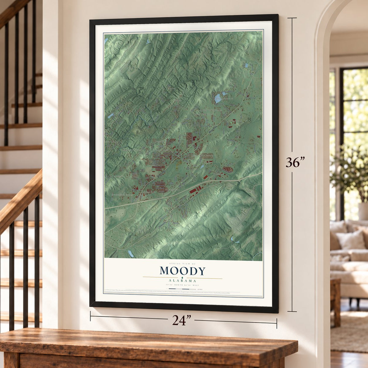Moody, Alabama map, 24 x 36 inch print in a black frame by a staircase