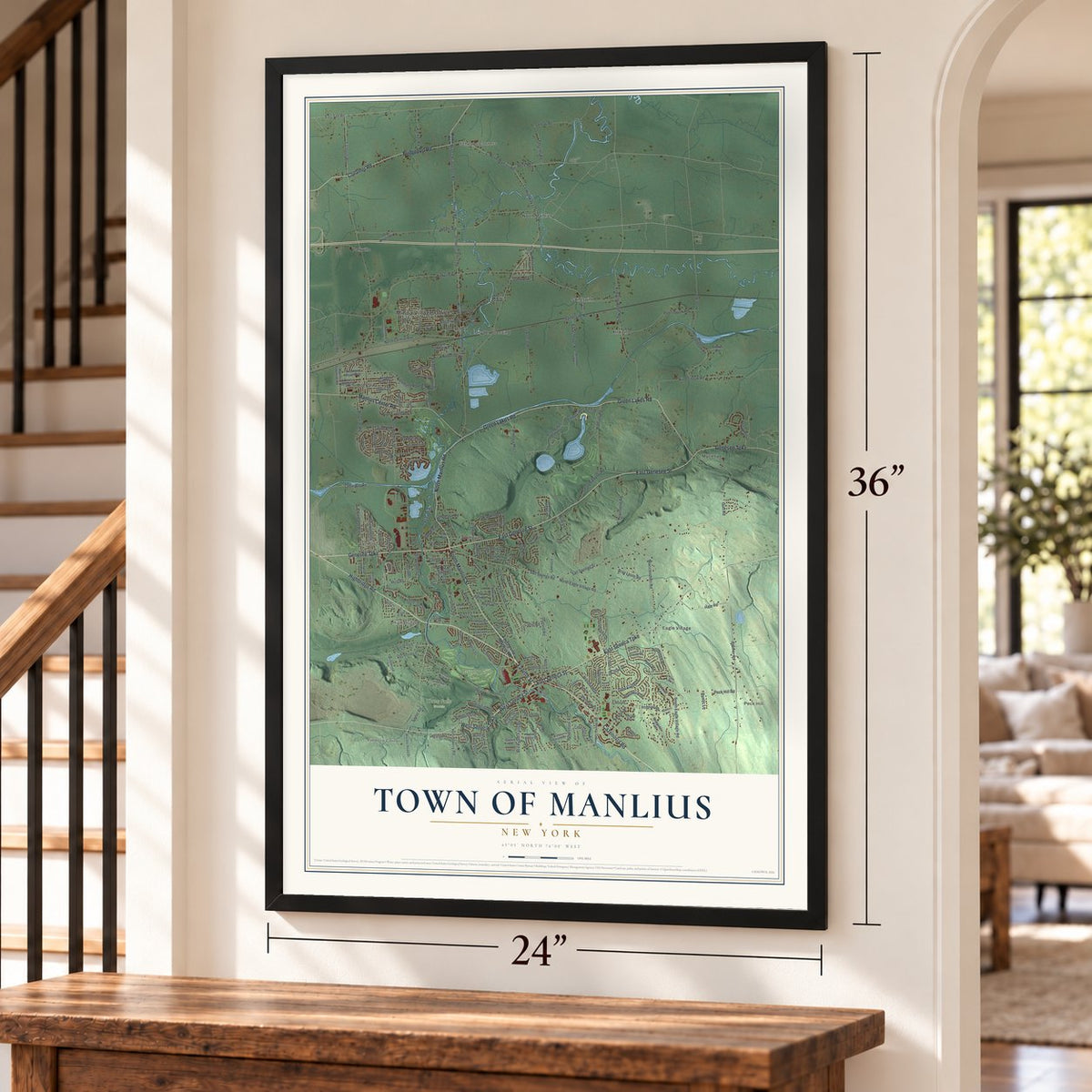 Town of Manlius, New York map, 24 x 36 inch print in a black frame by a staircase